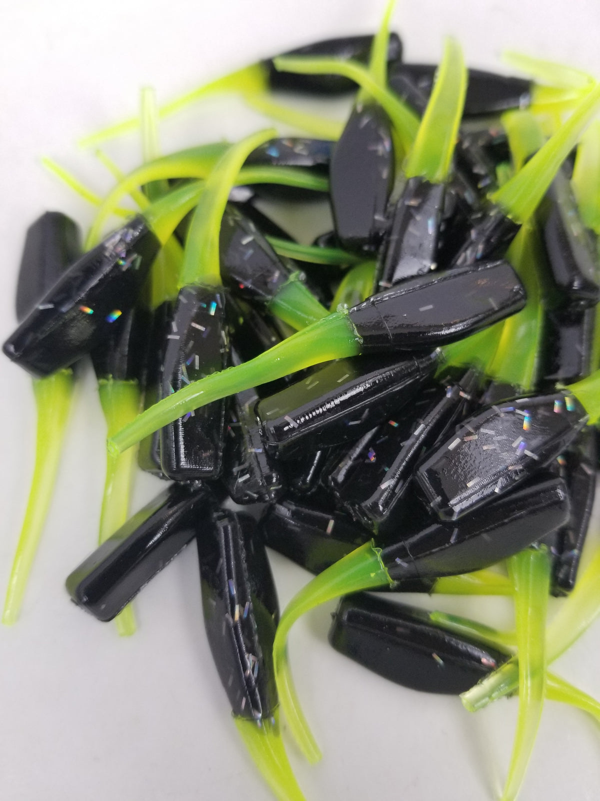 Cam's 2"(HOLOGRAM FLAKE)  Stinger Shad 40pc Black & Chartreuse Crappie Soft Jigs [A Cam's Exclusive]