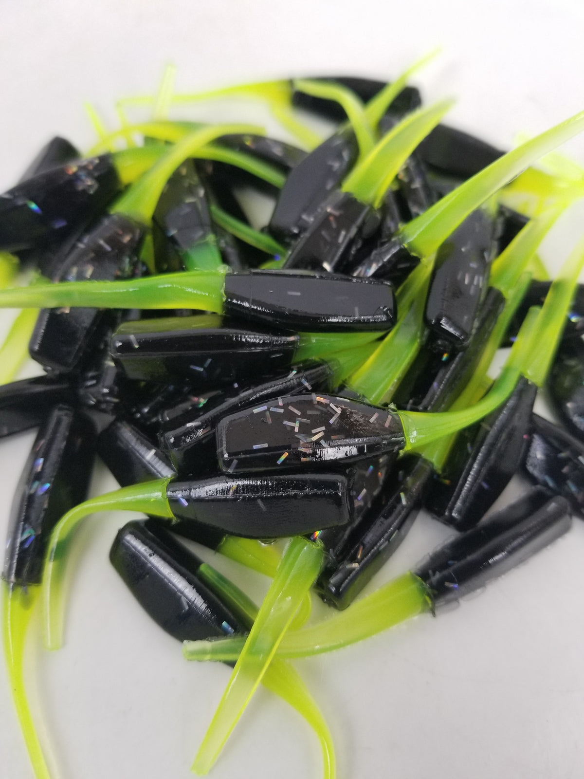 2023 Cam's 2"(HOLOGRAM FLAKE)  Stinger Shad 40pc Black & Chartreuse Crappie Soft Jigs [A Cam's Exclusive]