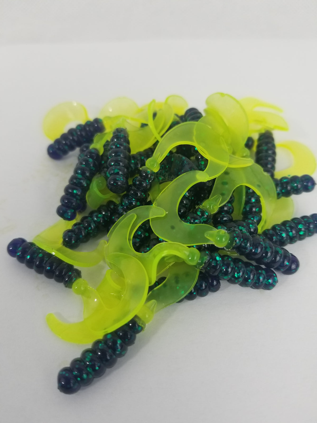 Cam's 2"(HOLOGRAM FLAKE)  Curly Tail Grub 40pc Blackberry Turquoise & Chartreuse Curly Tail Crappie Soft Jigs  [Cam's Exclusive]
