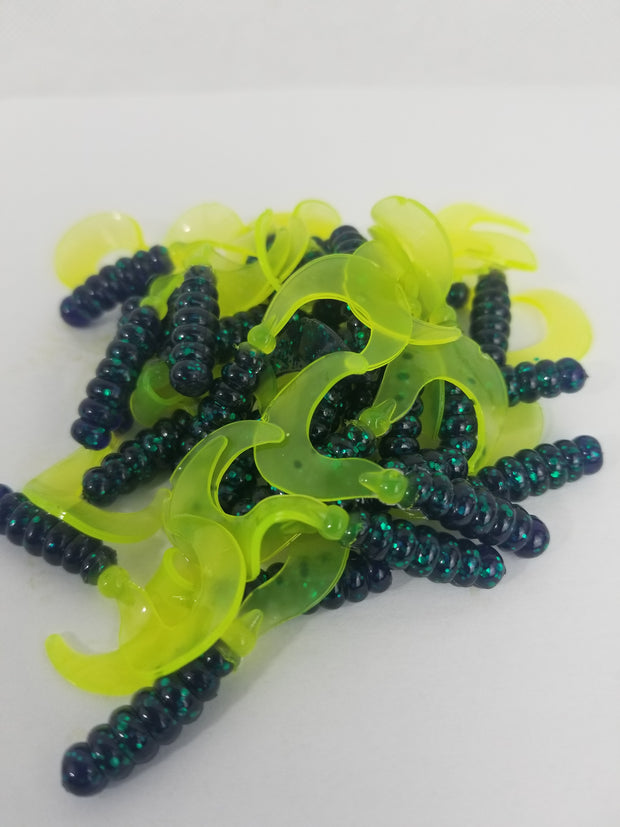 Cam's 2"(HOLOGRAM FLAKE)  Curly Tail Grub 40pc Blackberry Turquoise & Chartreuse Curly Tail Crappie Soft Jigs  [Cam's Exclusive]
