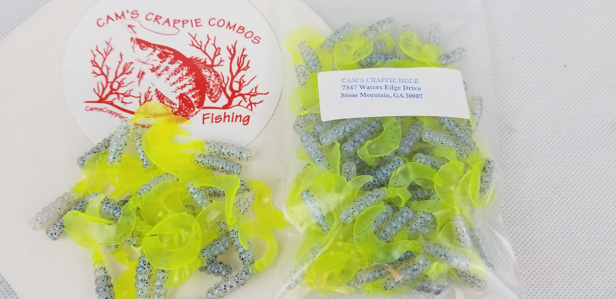 Cam's 2"(HOLOGRAM FLAKE)  CURLY TAIL 100pc MONKEY MILK & CHARTREUSE Crappie Soft Jigs [A Cam's Exclusive]