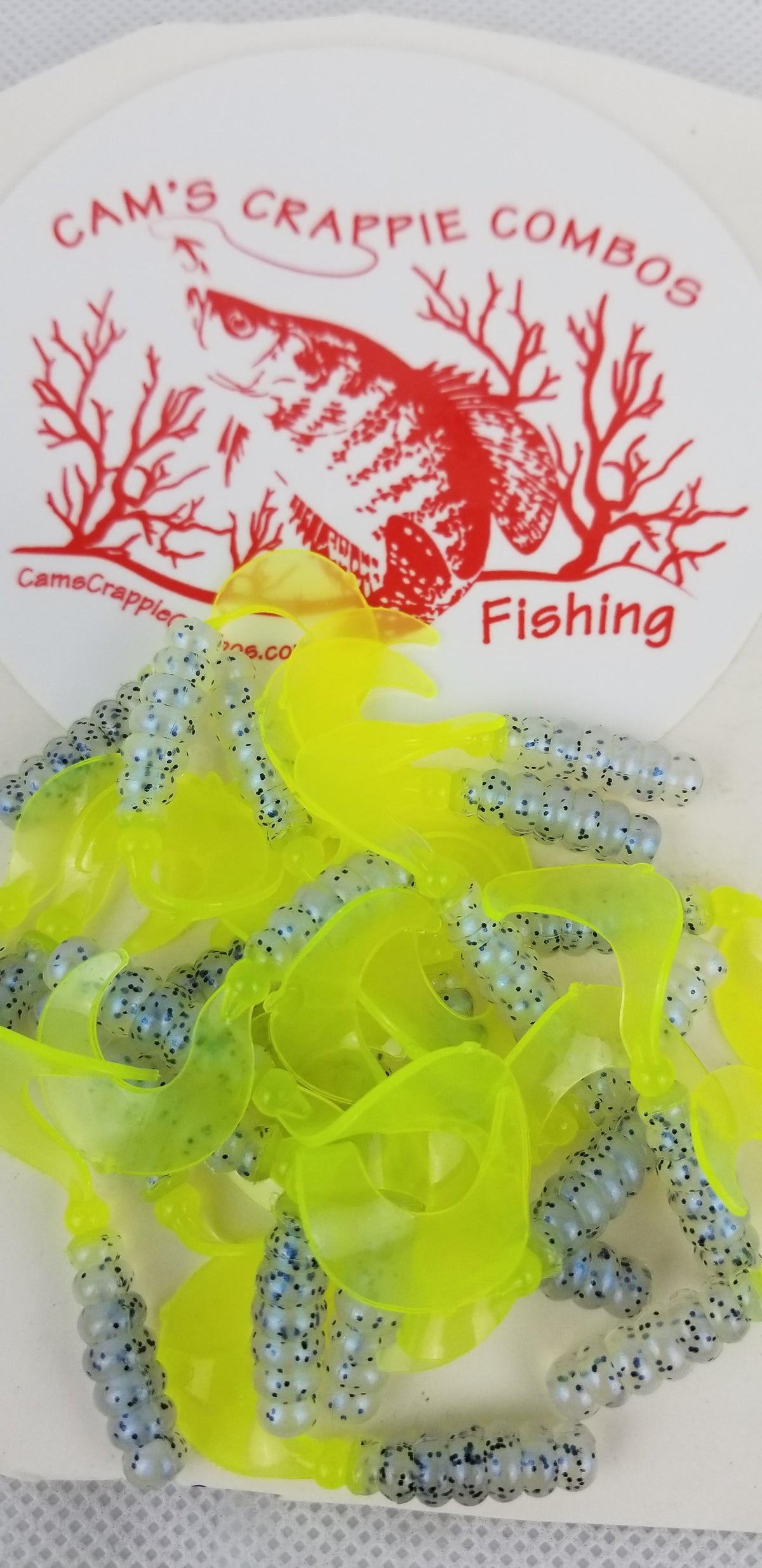 Cam's 2"(HOLOGRAM FLAKE)  CURLY TAIL 100pc MONKEY MILK & CHARTREUSE Crappie Soft Jigs [A Cam's Exclusive]