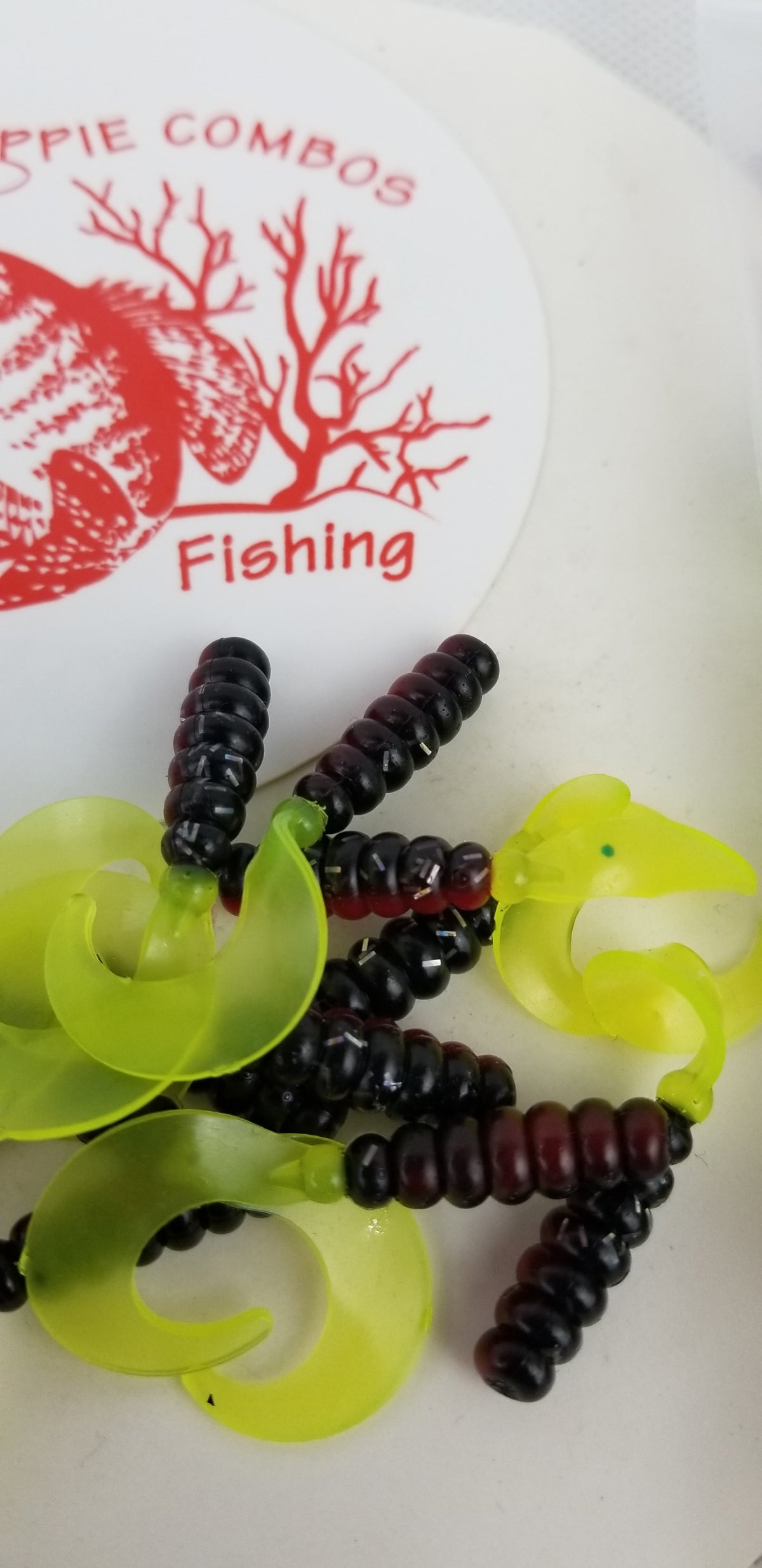 Cam's 2"(HOLOGRAM FLAKE)  CURLY TAIL 100pc RED BLACK & CHARTREUSE Crappie Soft Jigs [A Cam's Exclusive]