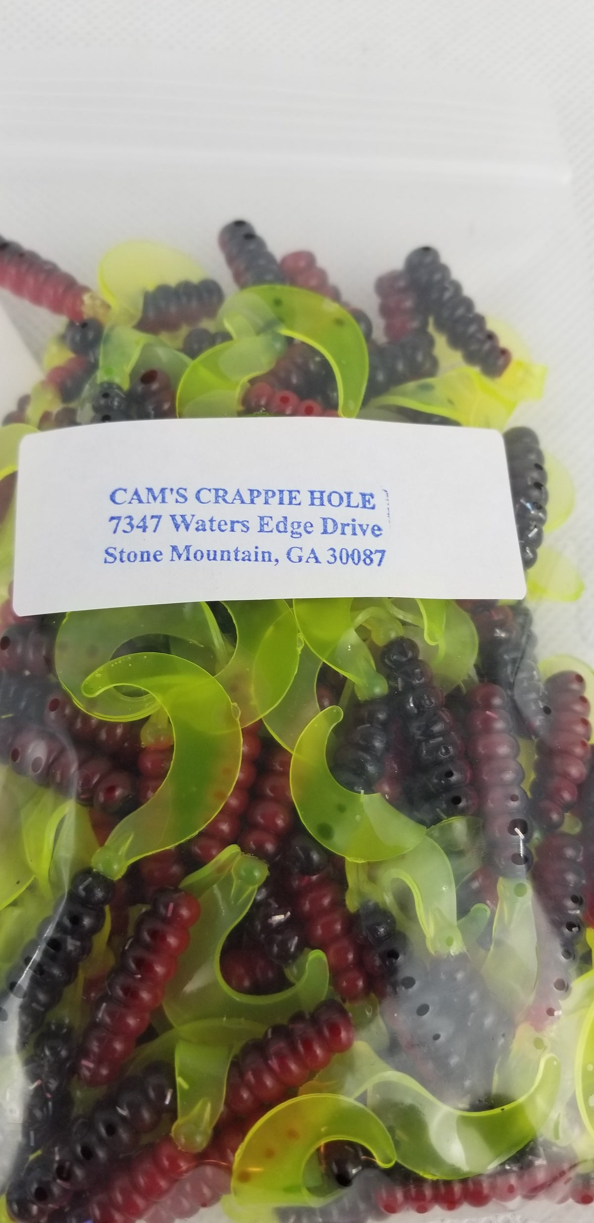 Cam's 2"(HOLOGRAM FLAKE)  CURLY TAIL 100pc RED BLACK & CHARTREUSE Crappie Soft Jigs [A Cam's Exclusive]
