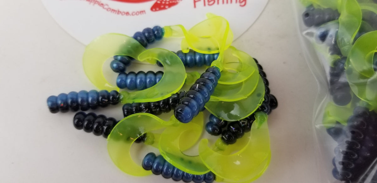 Cam's 2"(HOLOGRAM FLAKE)  CURLY TAIL 100pc BLUE BLACK & CHARTREUSE Crappie Soft Jigs [A Cam's Exclusive]