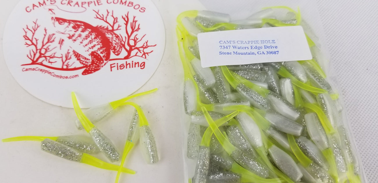 Cam's 2"(HOLOGRAM FLAKE)  Stinger Shad 100pc The White Knight Crappie Soft Jigs [A Cam's Exclusive]