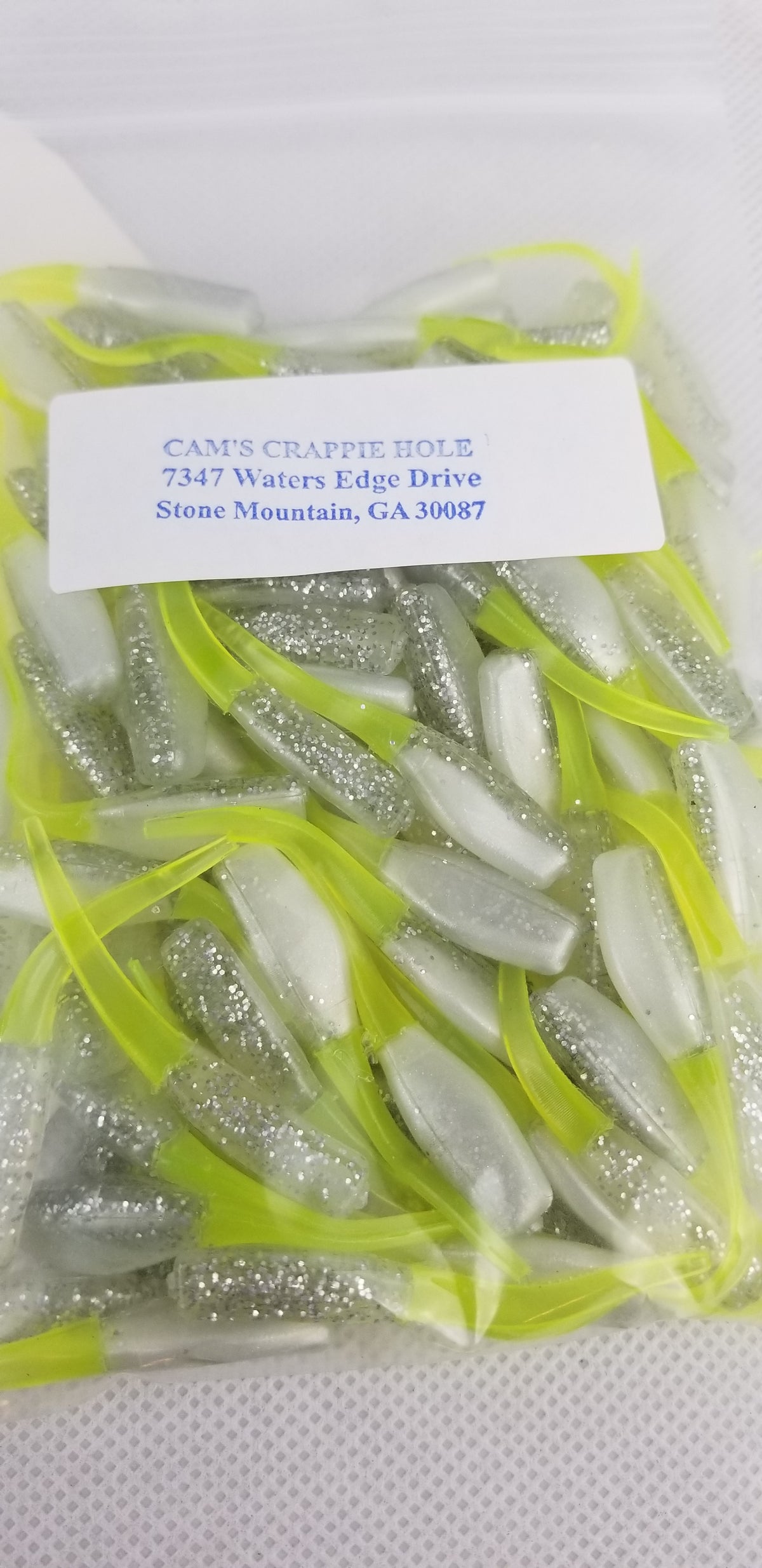 Cam's 2"(HOLOGRAM FLAKE)  Stinger Shad 100pc The White Knight Crappie Soft Jigs [A Cam's Exclusive]