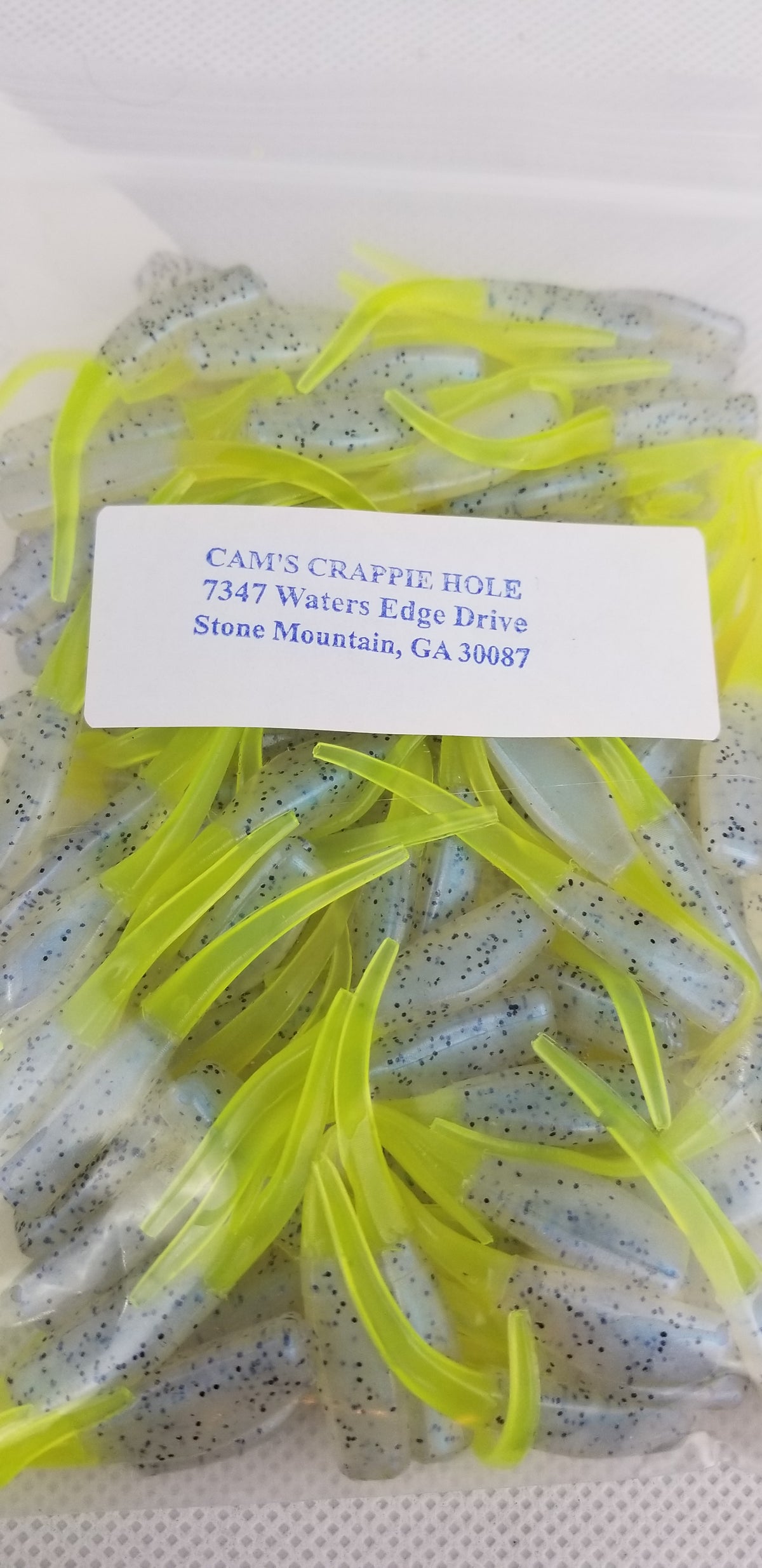 Cam's 2"(HOLOGRAM FLAKE)  STINGER SHAD 100pc MONKEY MILK & CHARTREUSE Crappie Soft Jigs [A Cam's Exclusive]