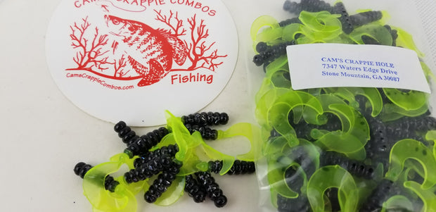 Cam's 2"(HOLOGRAM FLAKE)  CURLY TAIL 100pc BLACK & CHARTREUSE Crappie Soft Jigs [A Cam's Exclusive]