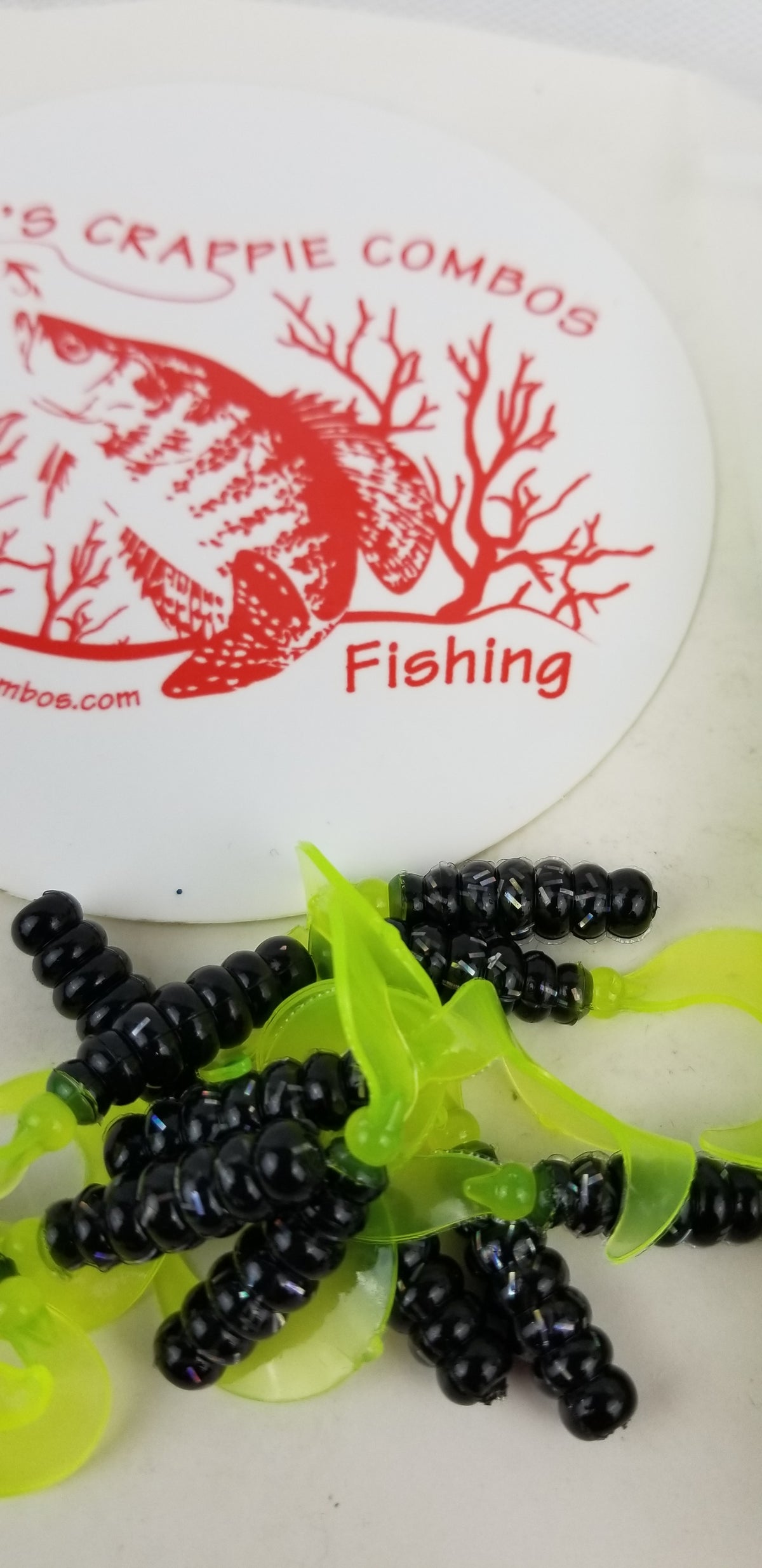 Cam's 2"(HOLOGRAM FLAKE)  CURLY TAIL 100pc BLACK & CHARTREUSE Crappie Soft Jigs [A Cam's Exclusive]