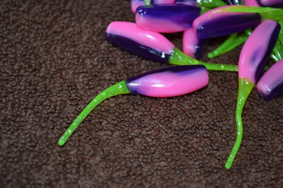 Cam's 2" Stinger Shad 40pc Pink Purple & Chartreuse Tail Grubs Crappie Soft Jigs