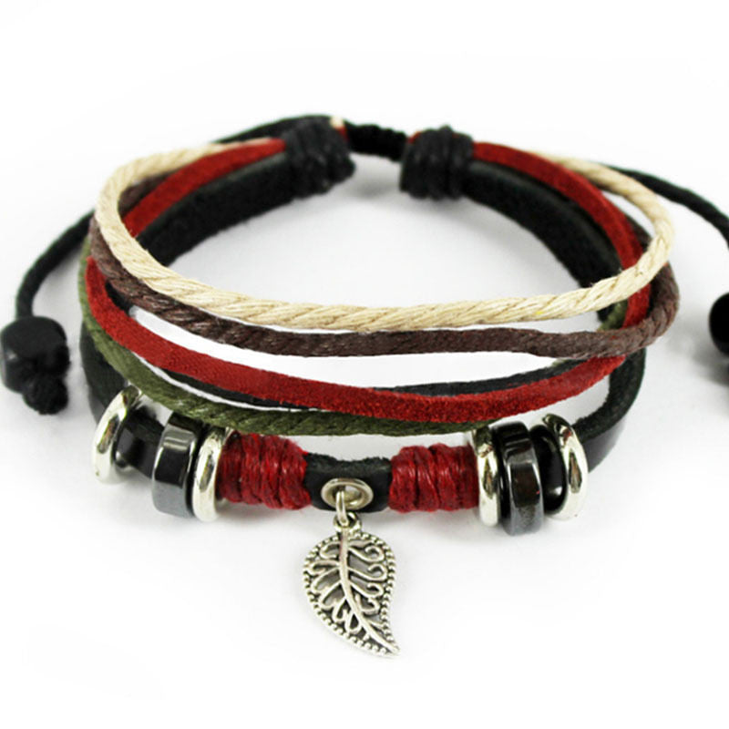 Women's Leaf Black Leather Adjustable Bracelet Handmade Jewelry Cuff