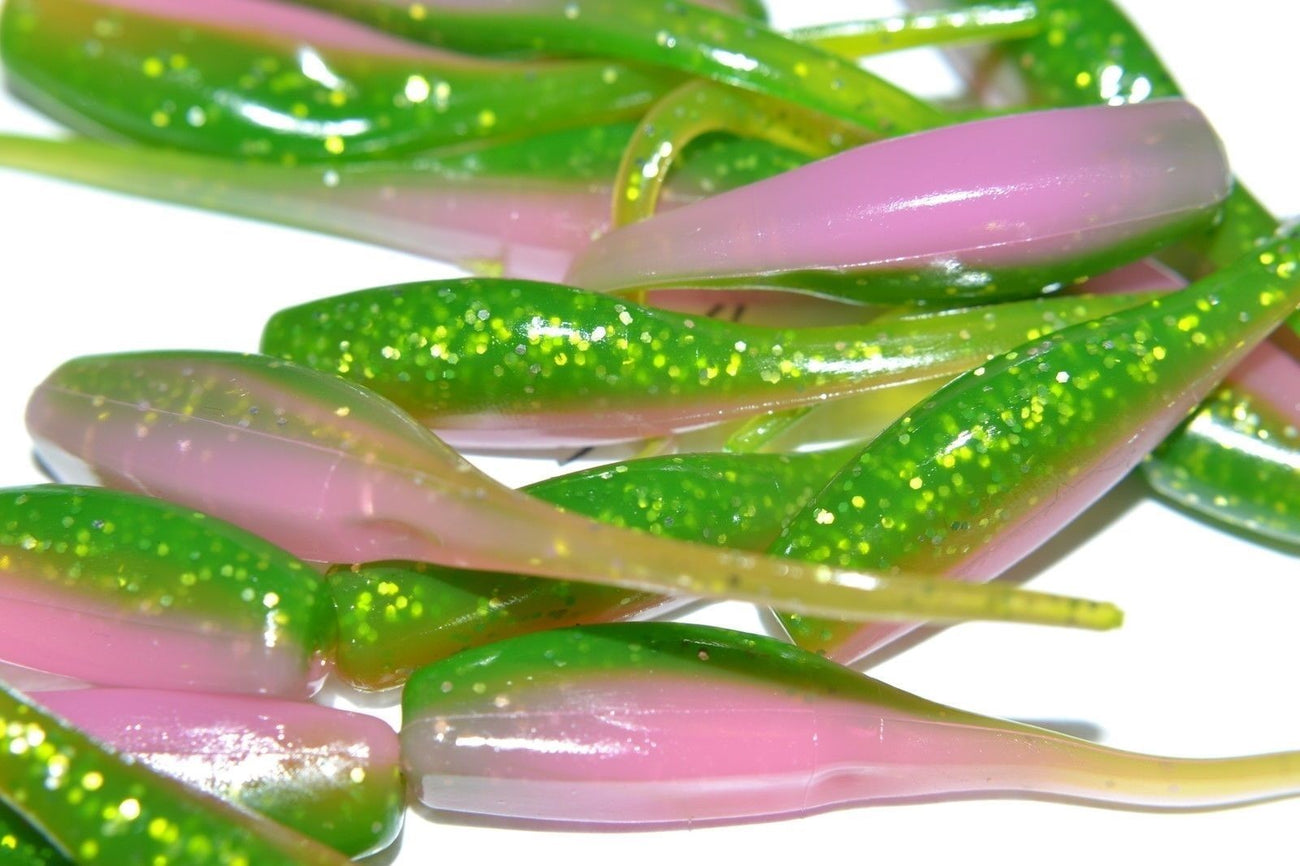 Cam's 2" Stinger Shad 40pc Soft Pink & Chartreuse Grubs Crappie Soft Jigs