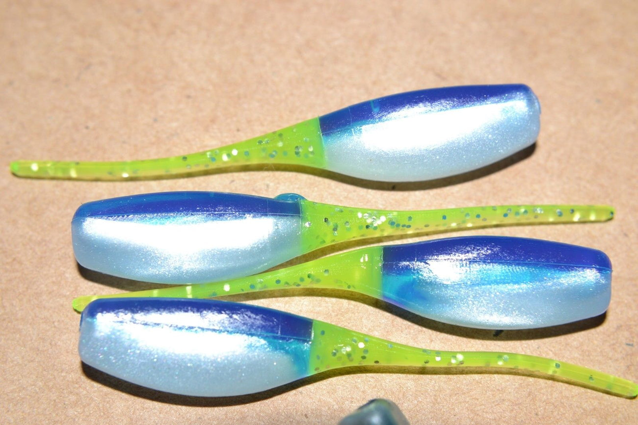 CAM'S 35 Pc 2"CRAPPIE STINGER SHAD BLUE STORM CHARTREUSE TAIL JIGS