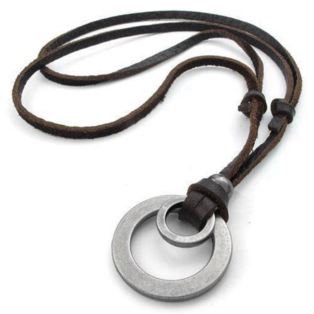 Men's Retro Leather "Hotday" Double Small & Big Circle Cord Necklace Pendant