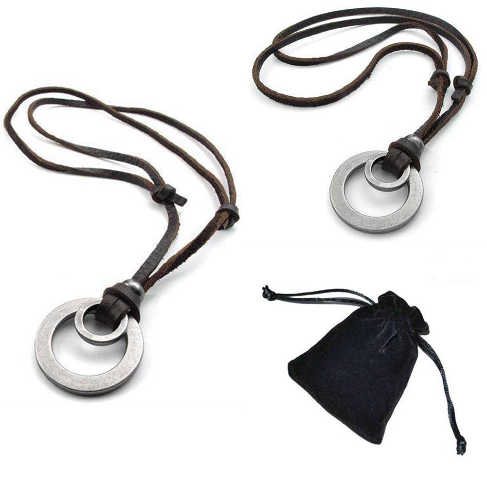 Men's Retro Leather "Hotday" Double Small & Big Circle Cord Necklace Pendant