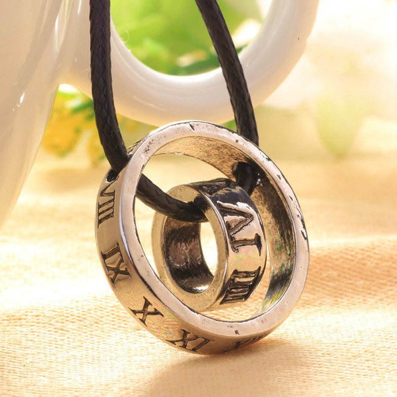 Men's - Women's Roman Numerals Ring Buckle Leather Rope Circle Pendant Necklace