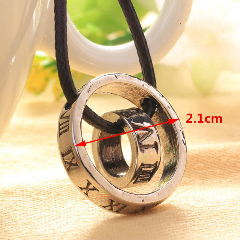 Men's - Women's Roman Numerals Ring Buckle Leather Rope Circle Pendant Necklace