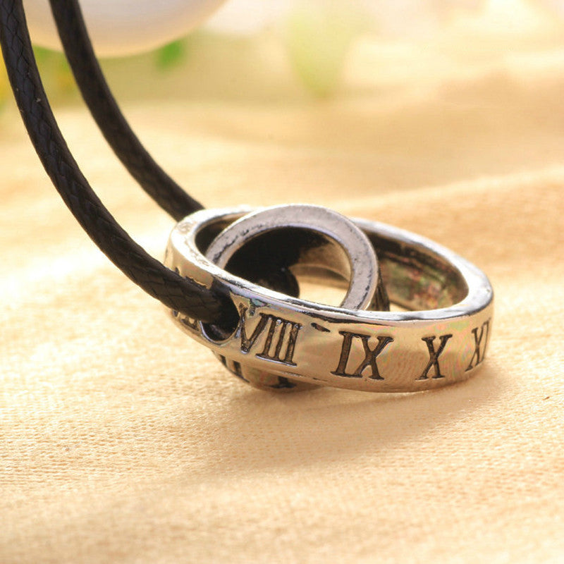 Men's - Women's Roman Numerals Ring Buckle Leather Rope Circle Pendant Necklace