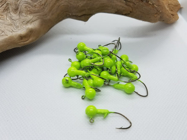 40 pk. 1/32 oz. Cam's Chartreuse Painted Jigs with Collar and #2 Black Nickel "NASTY BEND HOOKS"