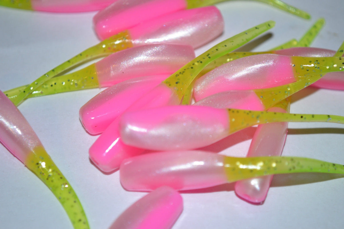 Cam's 2" Stinger Shad 40pc  Pink and White w/ Chartreuse Tail Grubs Crappie Soft Jigs