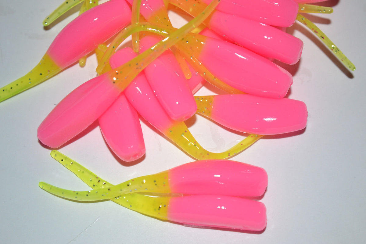Cam's 2" Stinger Shad 40pc  Pink and Chartreuse Grubs Crappie Soft Jigs
