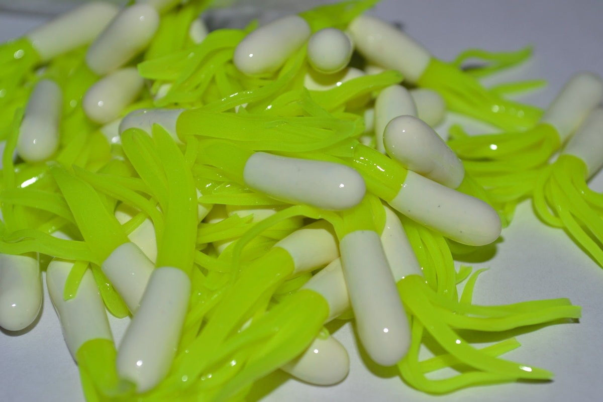 Cam's 40 pc 1.5" Glow-n-Dark White & Chartreuse Tube Crappie Soft Jigs