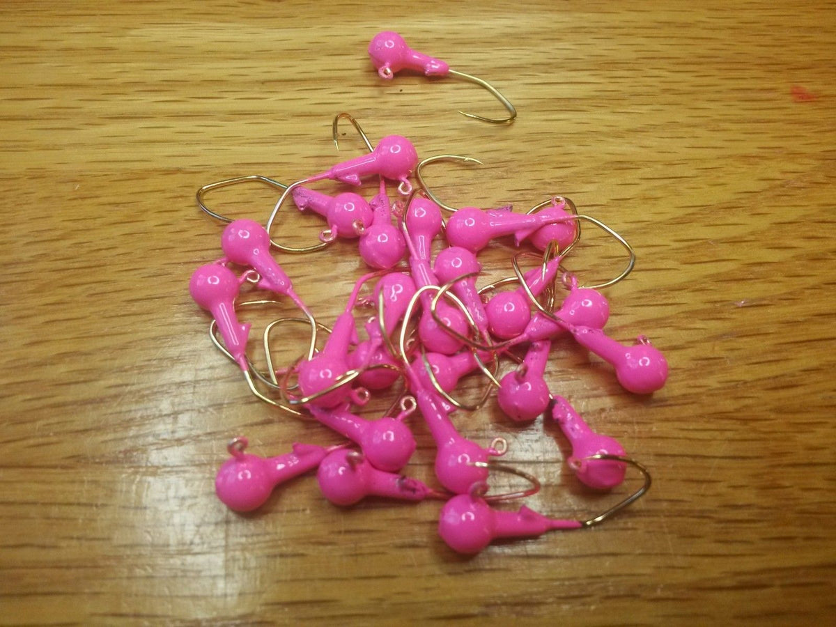 35 pk. 1/16 oz. Cam's Pink Painted Jigs with Collar and #4 Gold "NASTY BEND HOOKS"