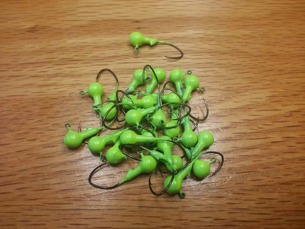 35 pk. 1/16 oz. Cam's Chartreuse Painted Jigs with Collar and #2 Bronze "NASTY BEND HOOKS"