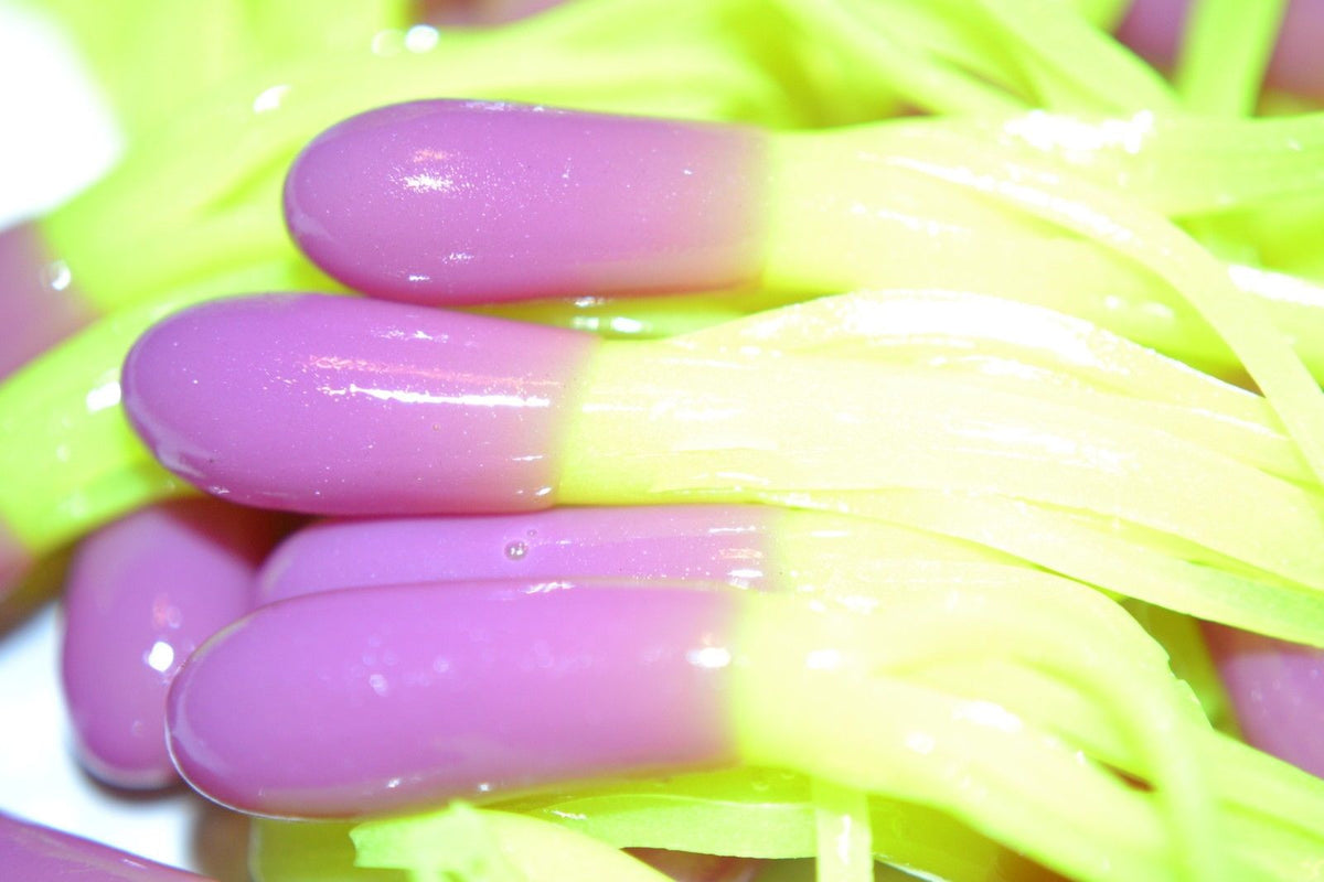 Cam's 35 pc Glow-n-Dark Lollipop Purple & Chartreuse 1.5" Tube Crappie Soft Jigs