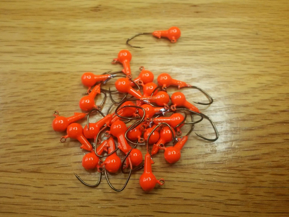 35 pk. 1/16 oz. Cam's Orange Painted Jigs with Collar and #2 Bronze "NASTY BEND HOOKS"