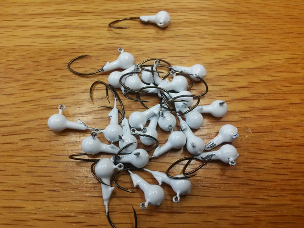 35 pk. 1/16 oz. Cam's White Painted Jigs with Collar and #2 Bronze "NASTY BEND HOOKS"