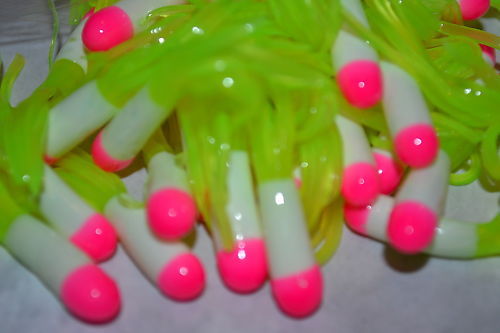 Cam's 35 pc Tri-Color Red White & Chartreuse 1.5" Tube Crappie Soft Jigs