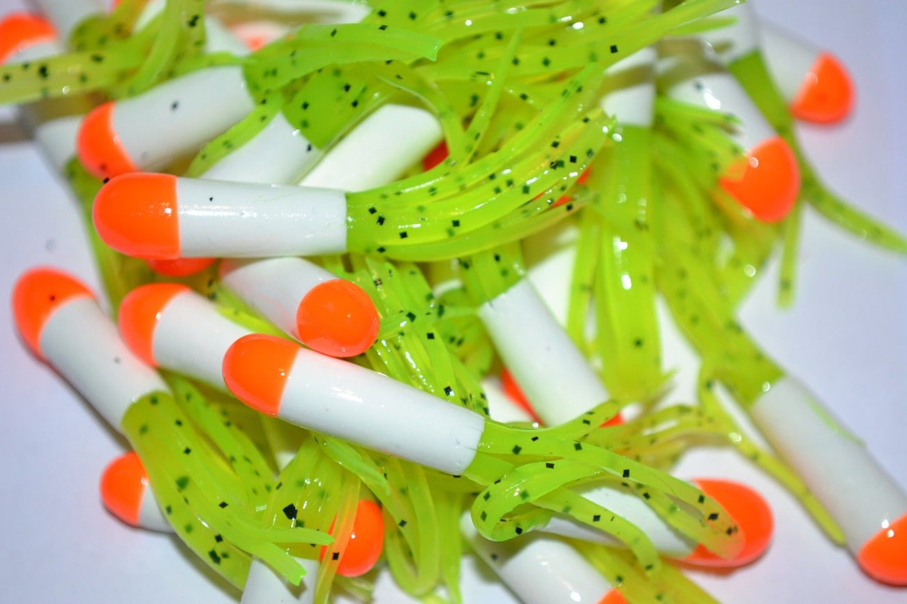 Cam's 35 pc Tri-Color Orange White & Chartreuse 1.5" Tube Crappie Soft Jigs