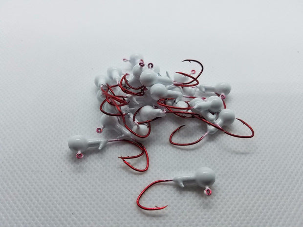 40 pk. 1/16 oz. Cam's White Painted Jigs with Collar and #2 Red Chrome "NASTY BEND HOOK"