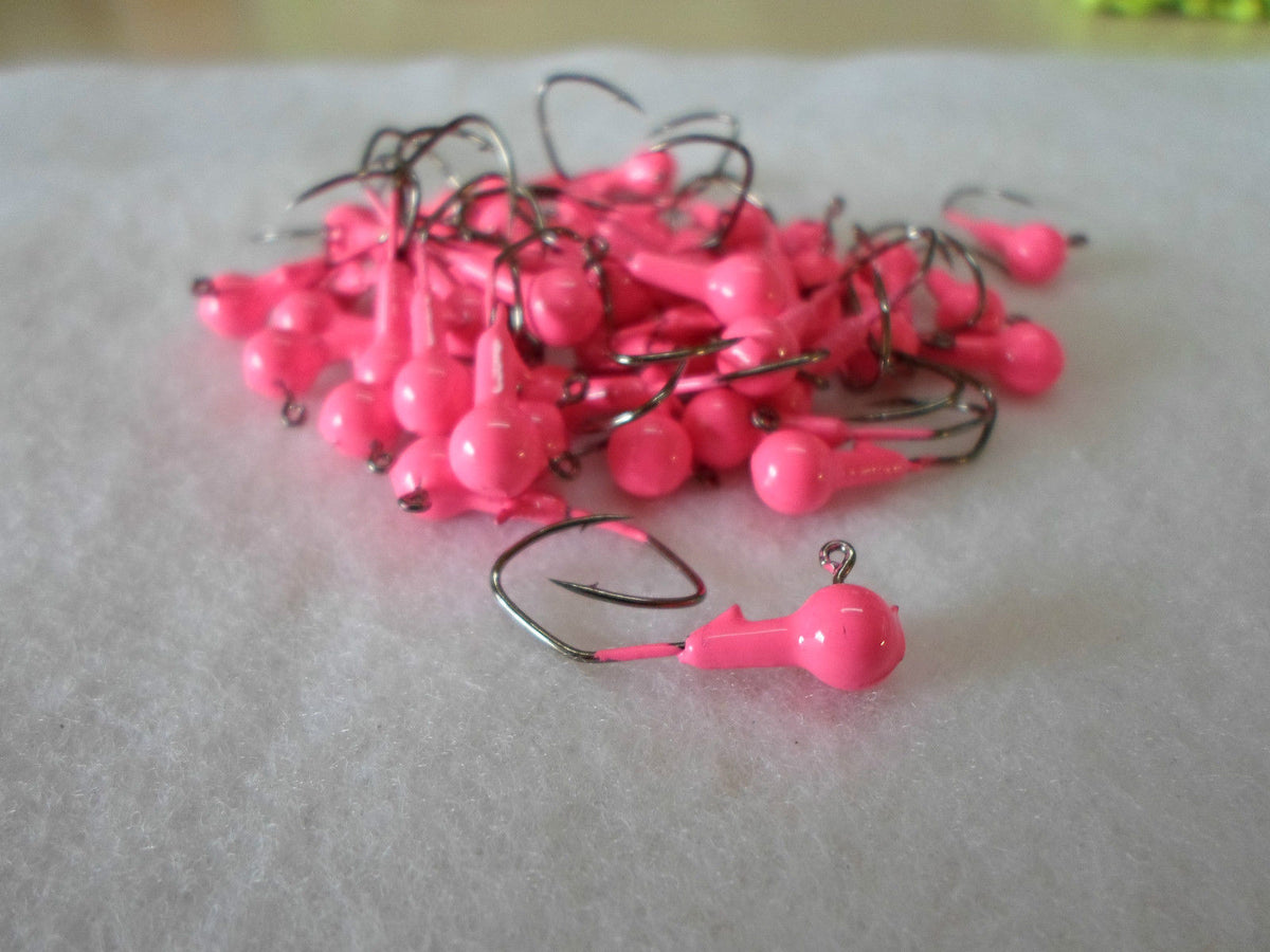 35 pk. 1/32 oz.Cam's Pink Painted Jigs with Collar and #4 Bronze "NASTY BEND HOOKS"