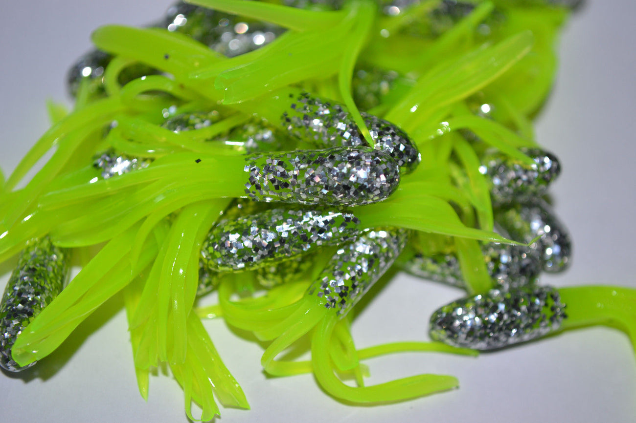Cam's 40 pc Silver Green Flake (Muddy Water) Shad 1.5" Tube Crappie Soft Jigs