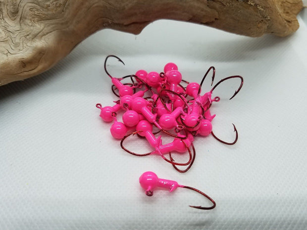 40 pk. 1/32 oz. Cam's Pink Painted Jigs with Collar and #2 Red Chrome NASTY BEND HOOK