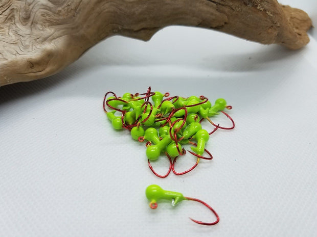 35 pk. 1/32 oz. Cam's Chartreuse Painted Jigs with Collar and #2 Red "NASTY BEND HOOKS"