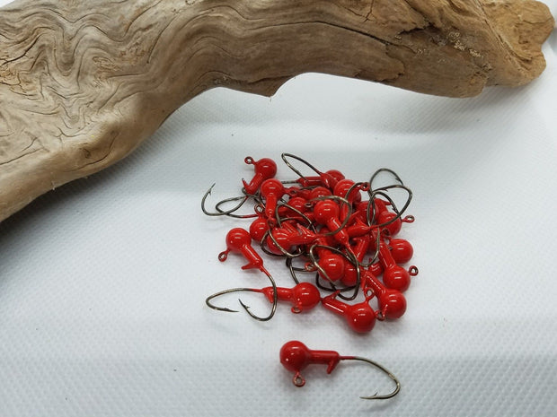 40 pk. 1/16 oz. Cam's "Candy Red" Painted Jigs with Collar and #2 Black Nickel "NASTY BEND HOOKS"