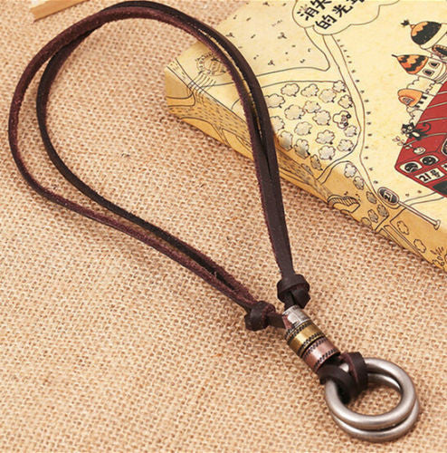 Men's Retro 100% Leather Necklace Double Circle Ring Jewelry Hot!