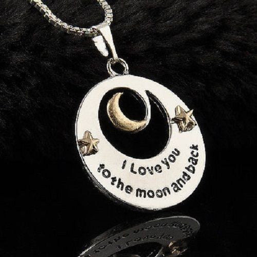 “I LOVE YOU TO THE MOON AND BACK” Alloy Necklace Pendant Long Chain Silver Gift